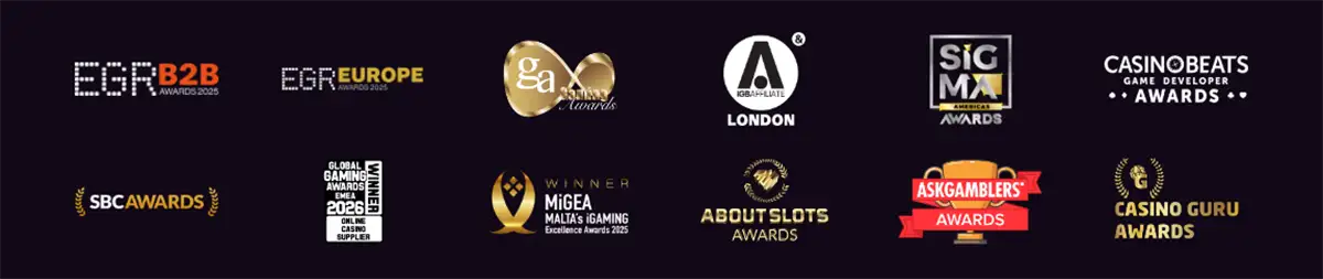 This image displays a series of award logos from various prestigious gambling and gaming events. The logos shown include:  ESR B2B Awards 2025  EGR Europe Awards 2025  GA (Gaming Awards)  A (IGBA/PLATE) London  SBC Awards  Global Gaming Awards (MiGEA Malta's Gaming Excellence Awards 2025)  AboutSlots Awards  AskGamblers Awards  CasinoGuru Awards  SIGMA Americas Awards  CasinoBeats Game Developer Awards